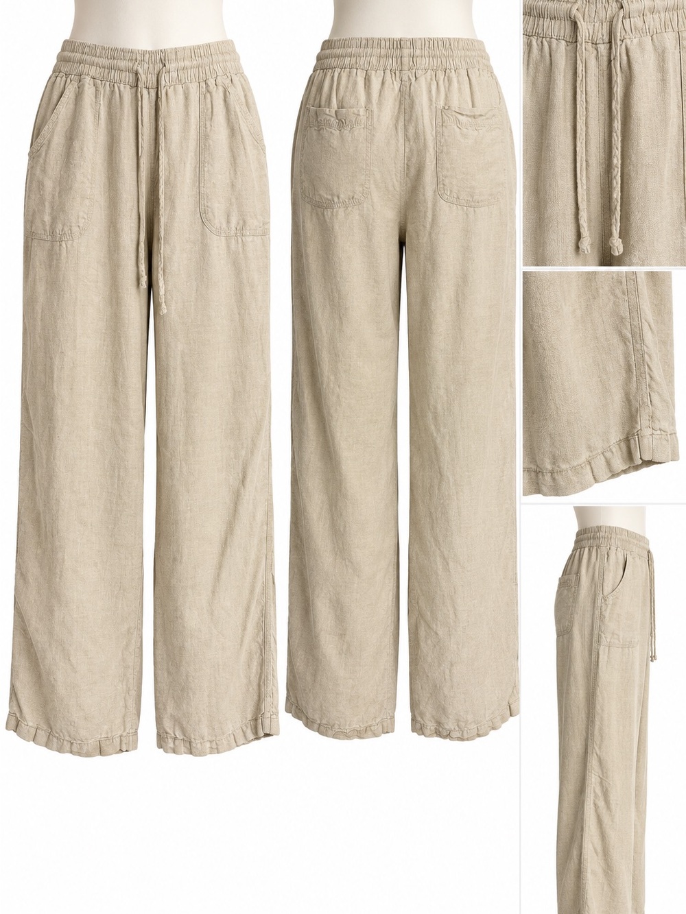 Allen Allen 100% Linen Pull-On Pants Size L Natural Beige Wide Leg Pockets